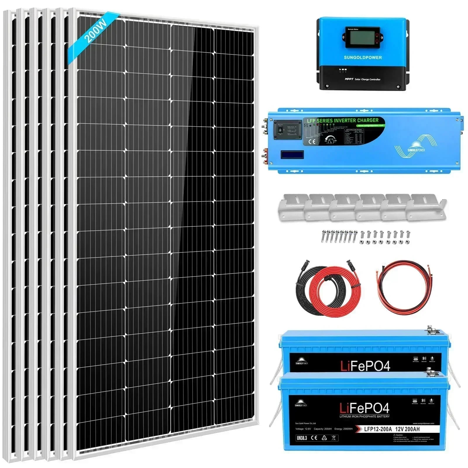 Sungold Power Off Grid Solar Kit 4000W Inverter 12VDC 120V/240V Battery 1200 Watt Solar Back Up SGK-PR4S