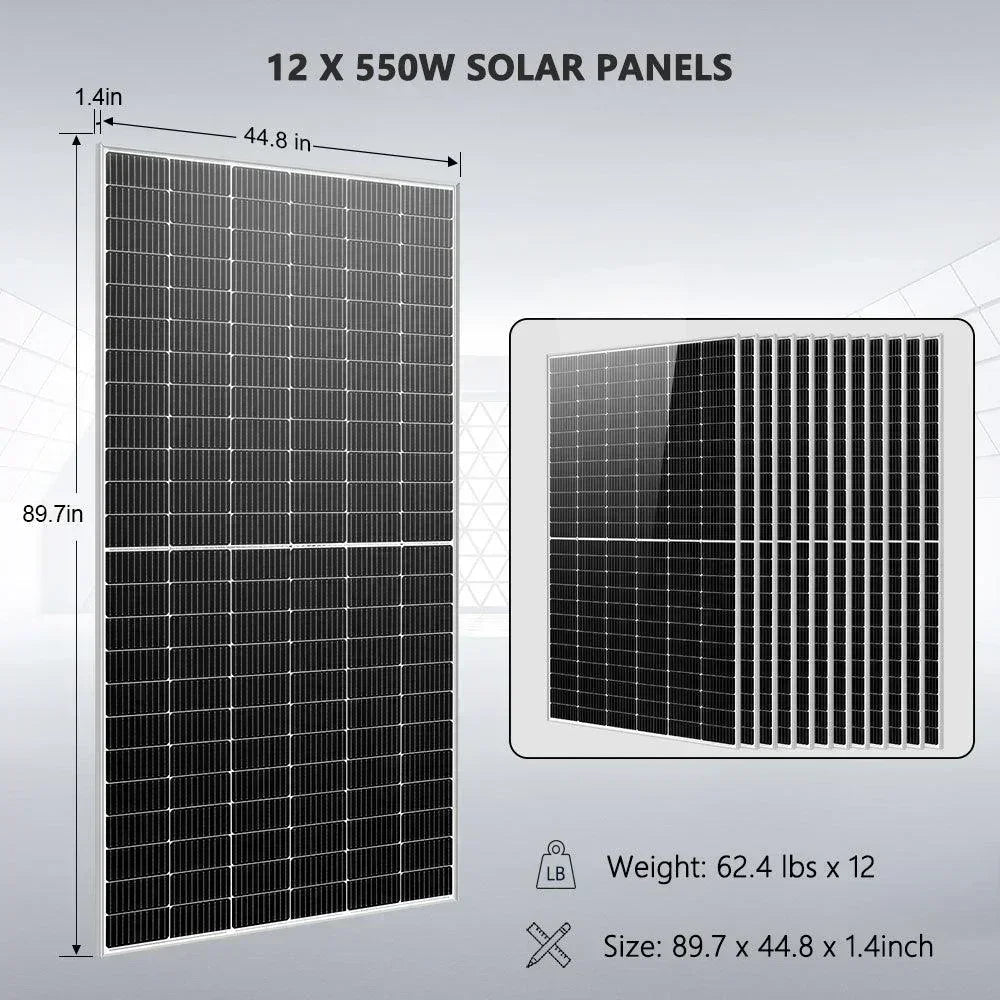 Off Grid Solar Kit 10KW 48VDC 120V/240V 25.6KWH Lithium Battery 12 X 550 Watts Solar Panels SGR-10K25
