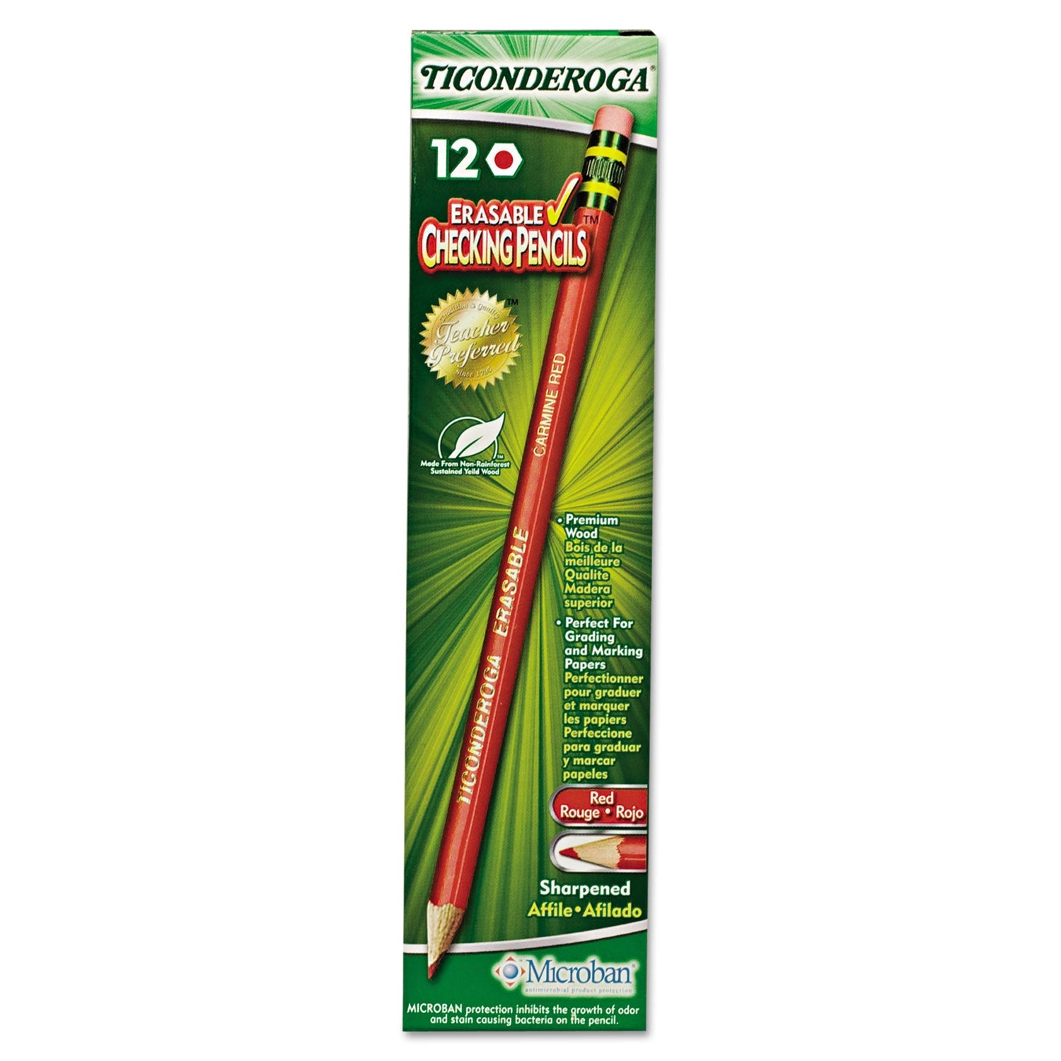 Ticonderoga Erasable Colored Pencils, 2.6 mm, 2B (#1), Carmine Red Lead, Carmine Red Barrel, Dozen