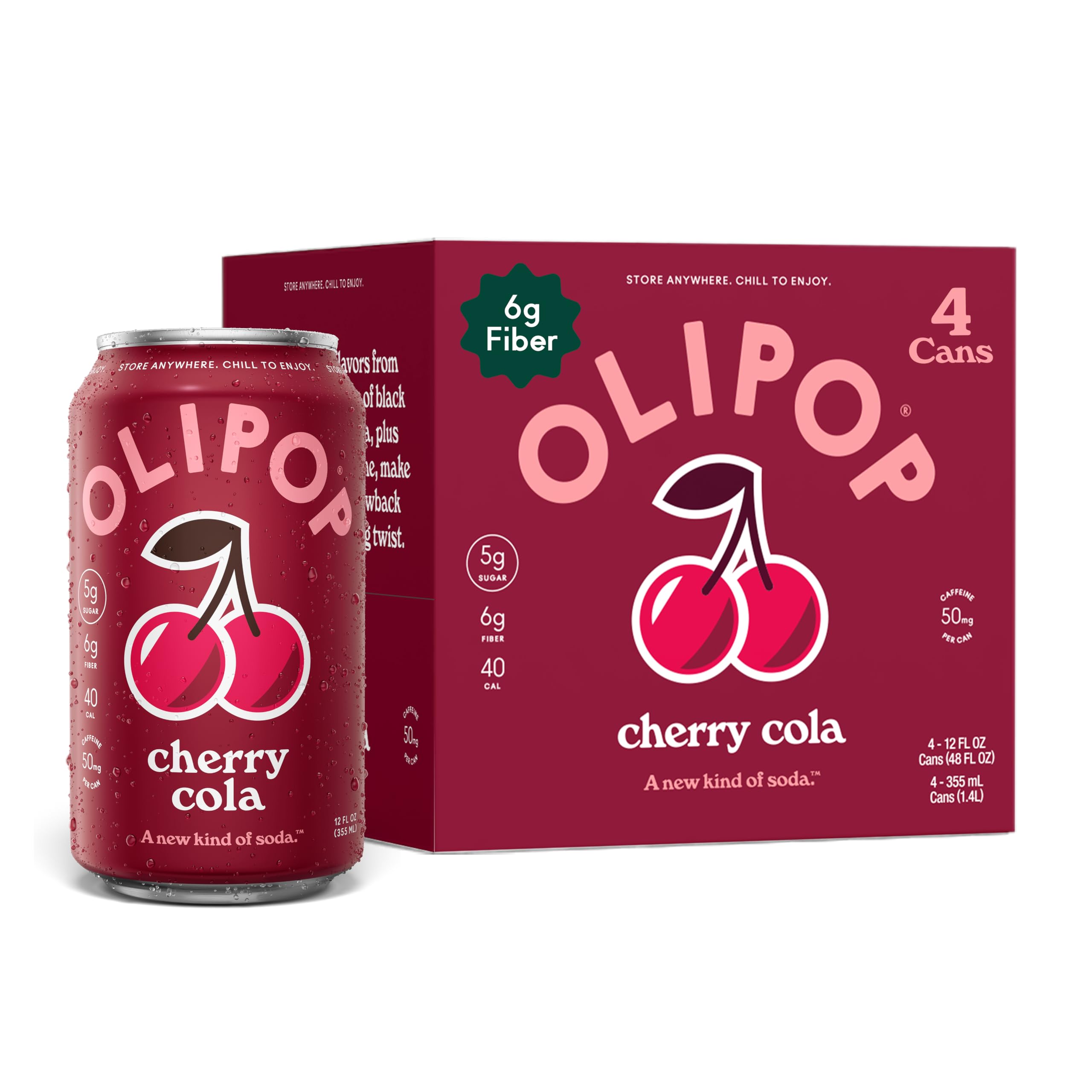 OLIPOP Cherry Cola Prebiotic Soda, Case of 6, 4 Pack, 12 fl oz Each