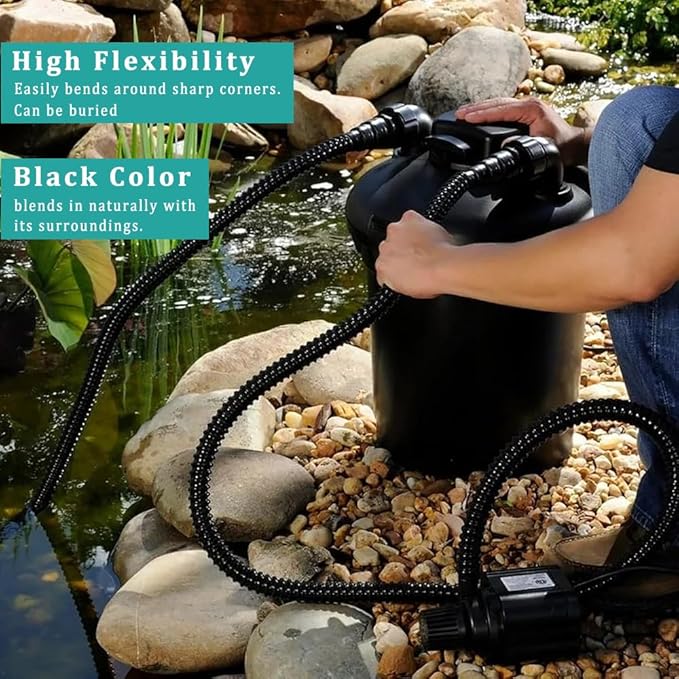 Pond Hose ID 1” × 50ft Black Corrugated Flexible Reinforced PVC Hose Vinyl Tubing for Pond Pump Fountain Garden Waterfall, Non-toxic & Kinkproof, with 2 clamps