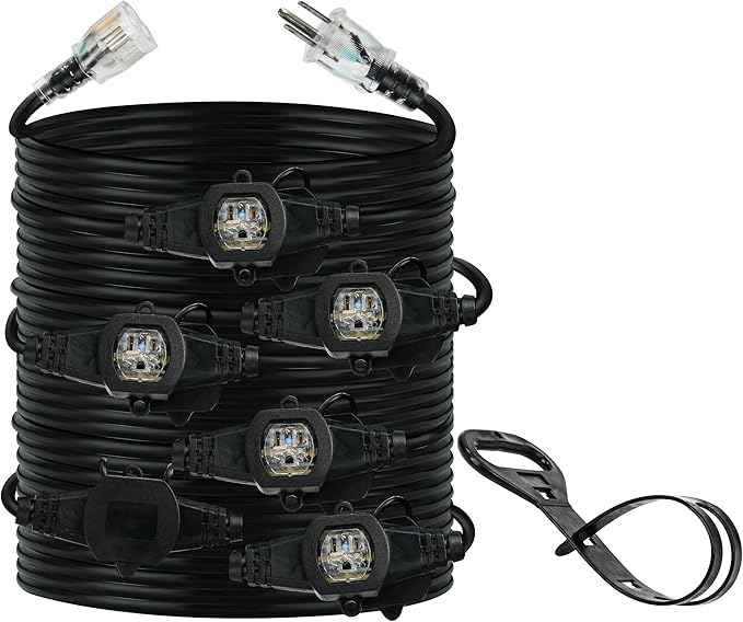 50FT 14 Gauge Heavy Duty Multi-Outlet Extension Cord, 7 Evenly Spaced Weatherproof Outlets, Great for Stage Backdrops, Landscape Garden Lighting, Christmas Halloween Decorations ETL