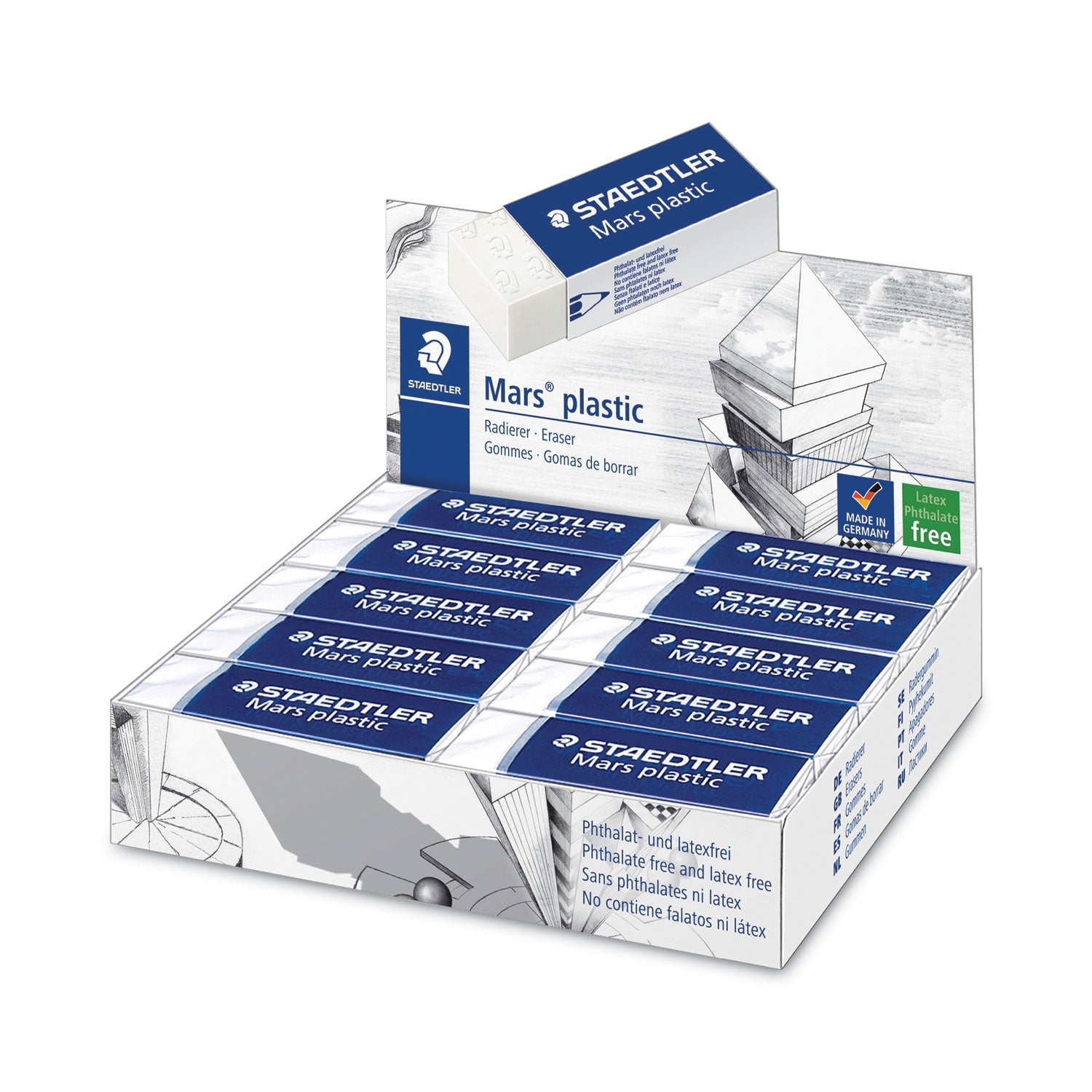 Staedtler Mars Eraser, For Pencil/Ink Marks, Rectangular Block, Large, White, 20/Box