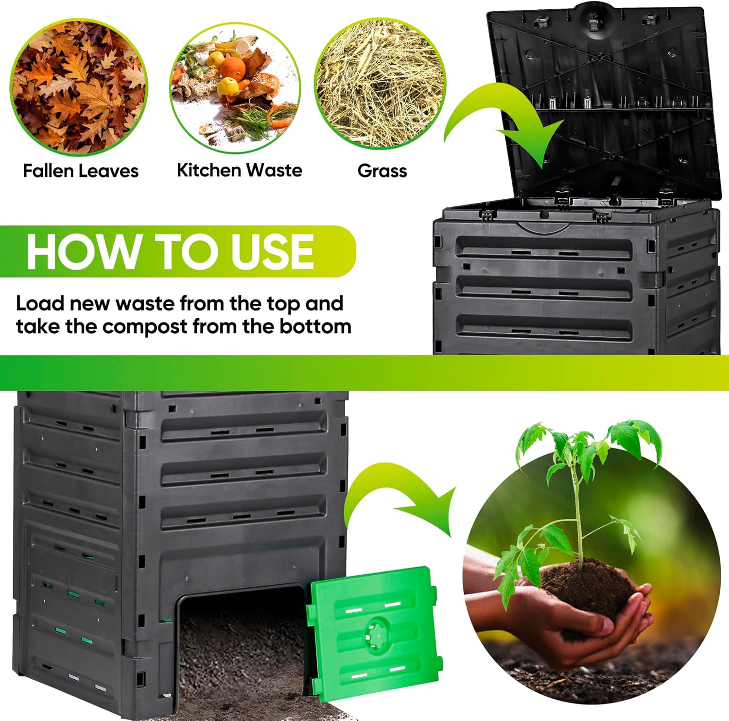F2C Compost Bin Outdoor Composter BPA Free Material -120 Gallon (450L) Large Compost Bin Aerating Outdoor Compost Box Easy Assembling, Lightweight, Fast Creation of Fertile Soil, Black