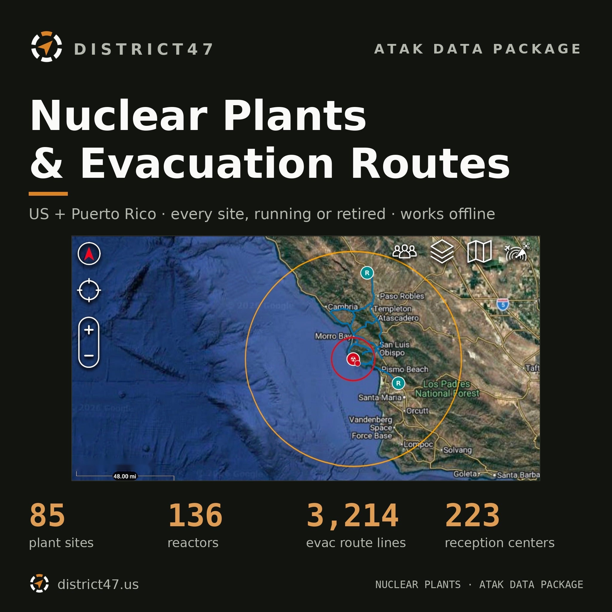 District47 Nuclear Plants & Evacuation Routes — 85 U.S. Sites | EPZ-Ringed KMZ for ATAK, TAK Aware & Google Earth