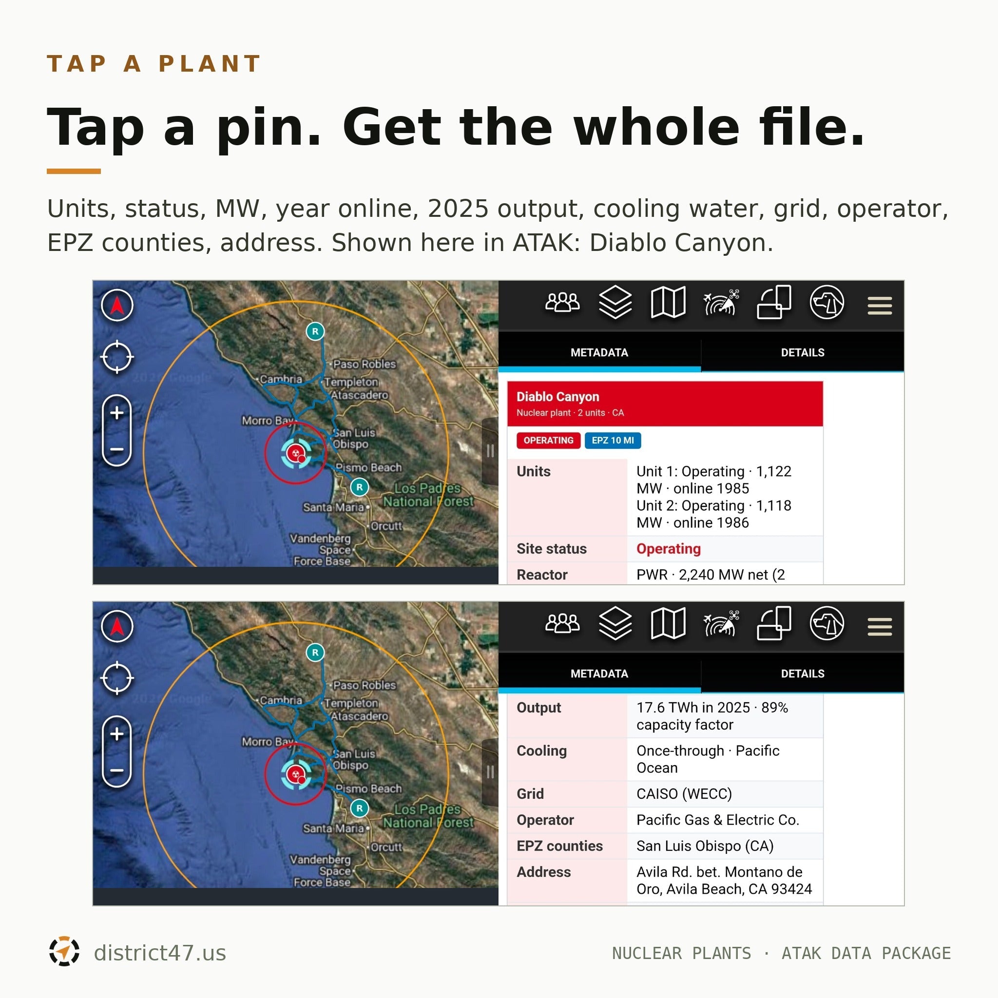 District47 Nuclear Plants & Evacuation Routes — 85 U.S. Sites | EPZ-Ringed KMZ for ATAK, TAK Aware & Google Earth