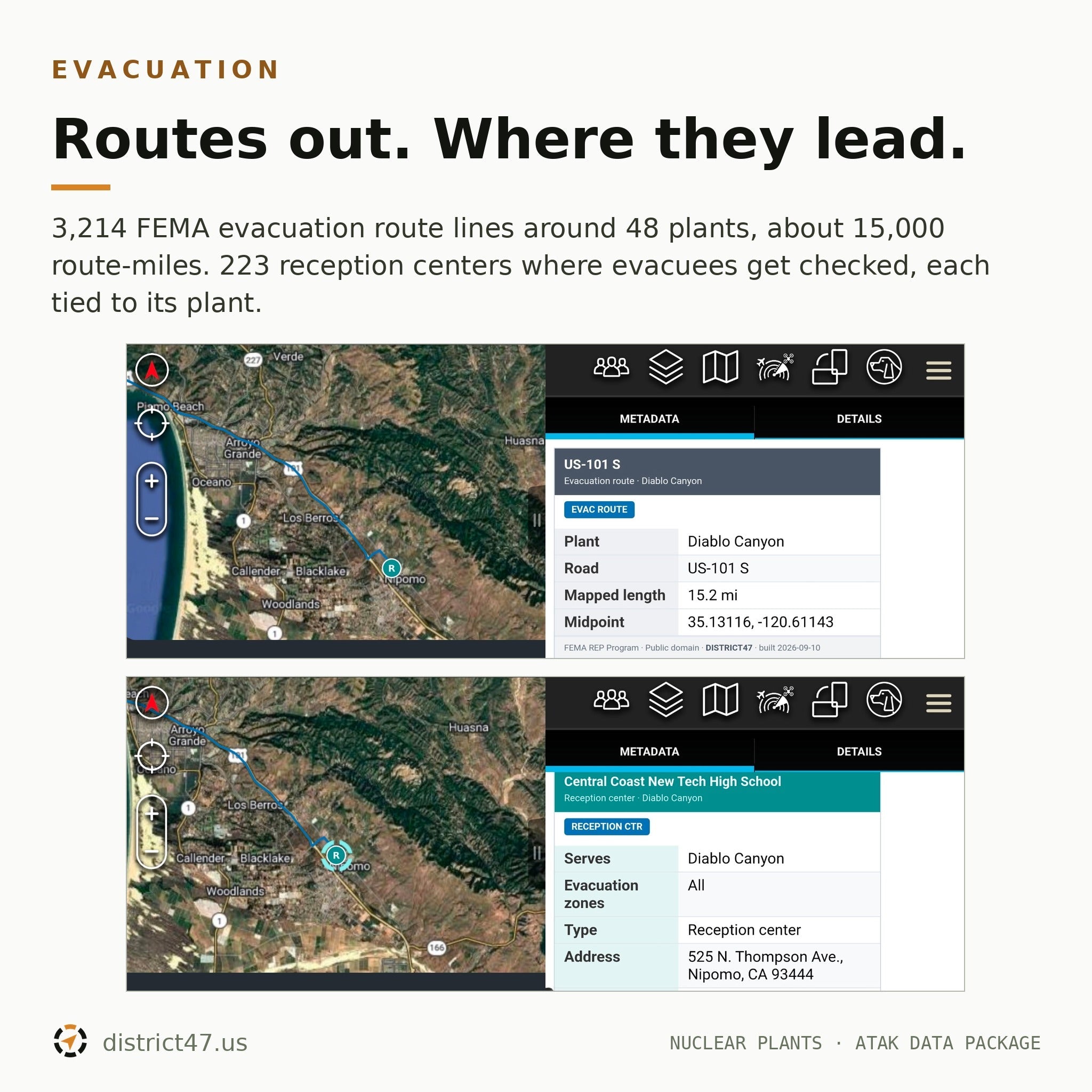 District47 Nuclear Plants & Evacuation Routes — 85 U.S. Sites | EPZ-Ringed KMZ for ATAK, TAK Aware & Google Earth