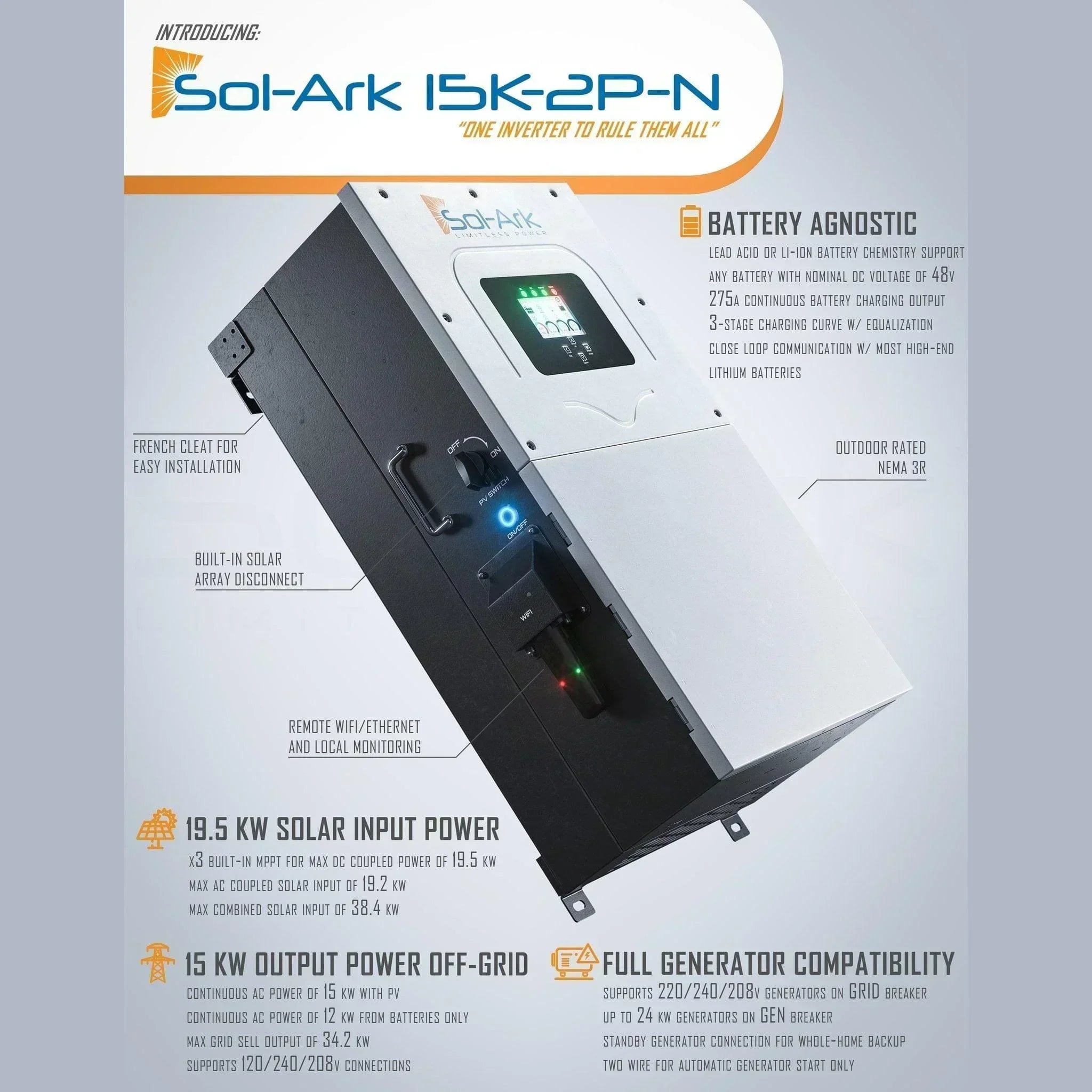 Sol-Ark 15K All-In-One Hybrid Solar Inverter | 120/240/208V 48V Pre-Wired | 10-Year Warranty