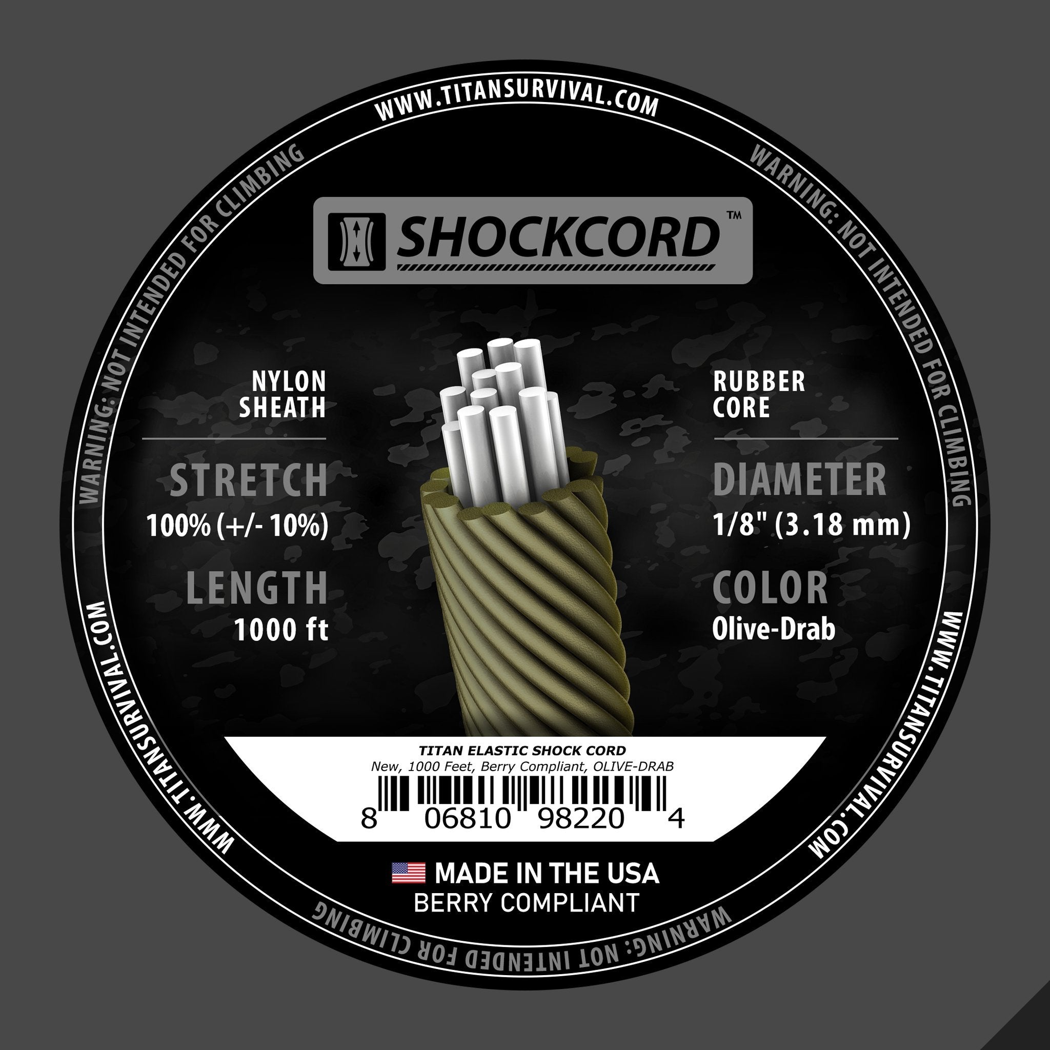 TITAN Survival 1/8" Olive-Drab Shock Cord, 1000 FT SPOOL